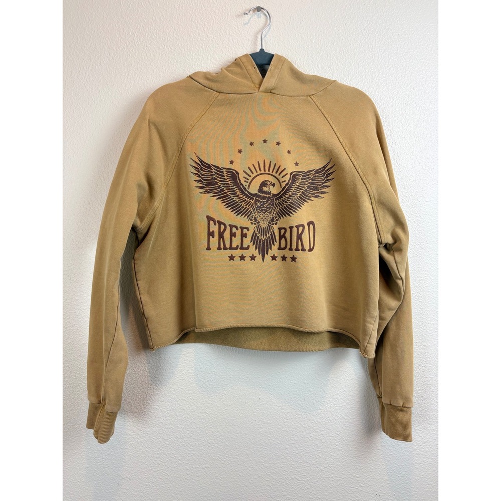 Refined Canvas Women Free Bird Cropped Graphic Hoodie Mustard Tan Size M Western